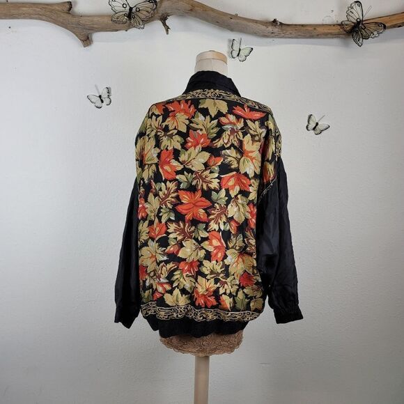 Vintage silk zip up bomber jacket foliage print - Picture 3 of 8
